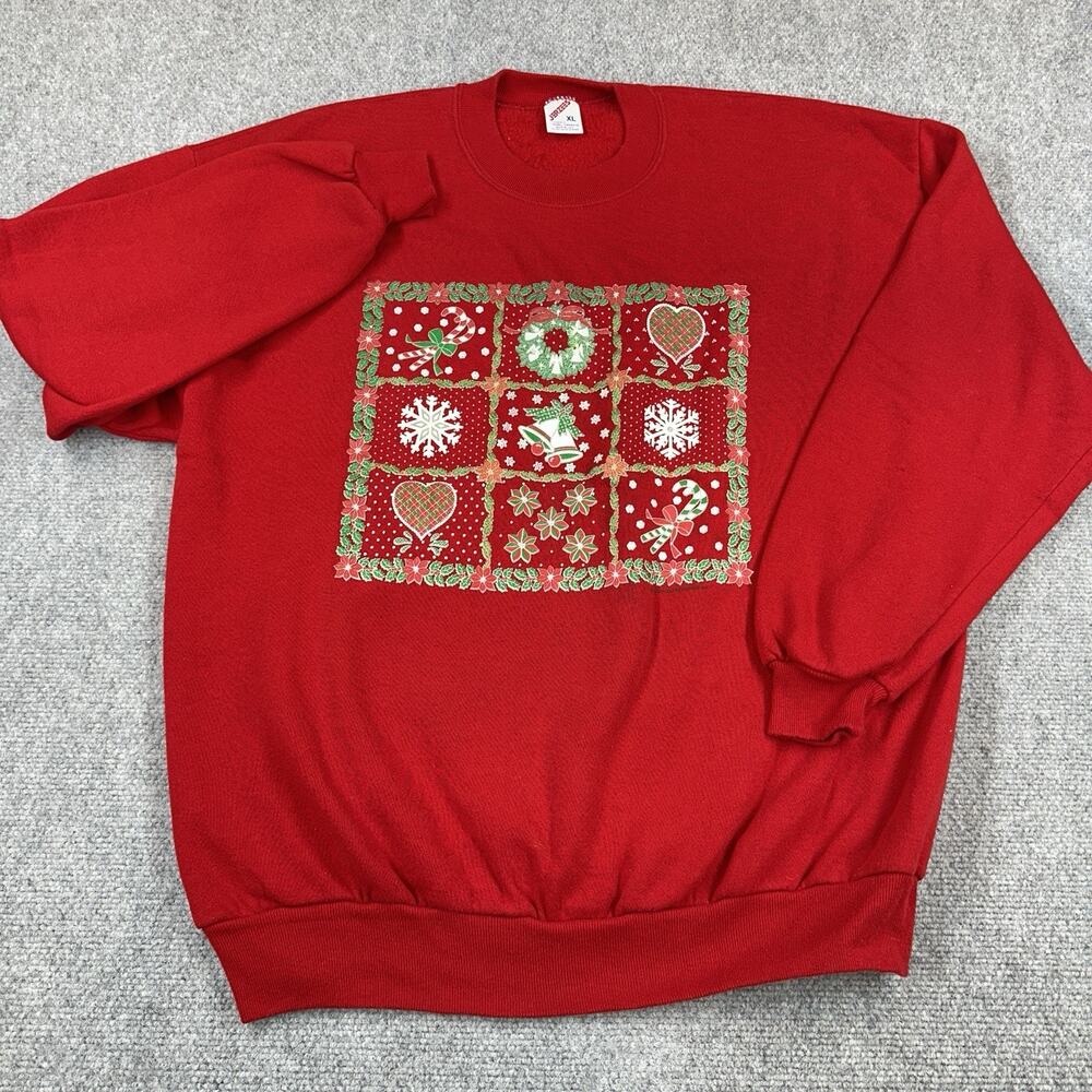 Vintage Jerzees Christmas Sweatshirt XL Red Holiday Patchwork USA Crewneck